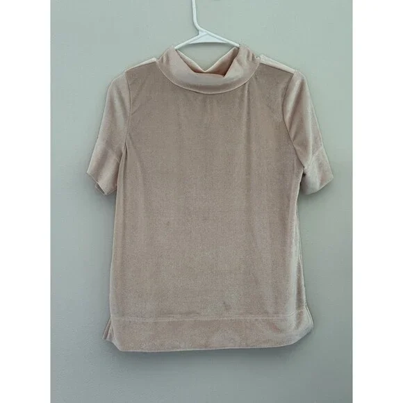 Anthropologie Krisha Velvet Mock Neck Short Sleeve Top Light Pink Blush Women S - Picture 2 of 8